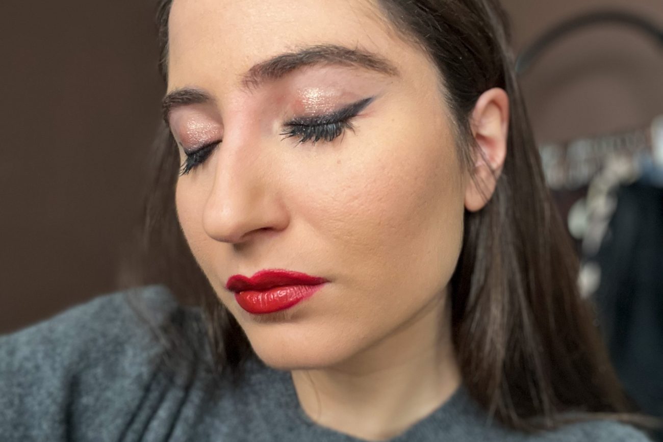 soft glam with bold red lip