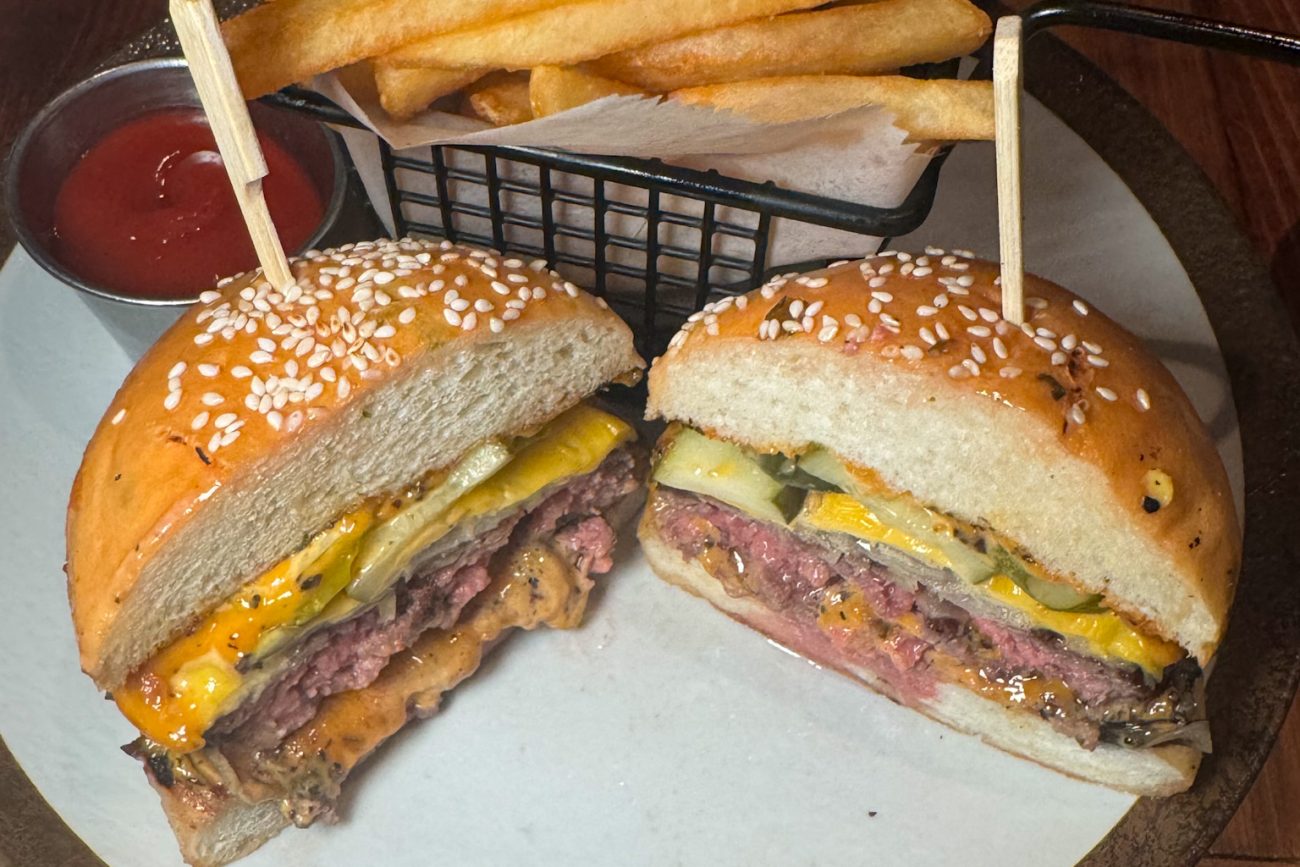Golden cheese burger at Golden Hof NYC  korean restaurant midtown manhattan - melted cheese fresh ingredients