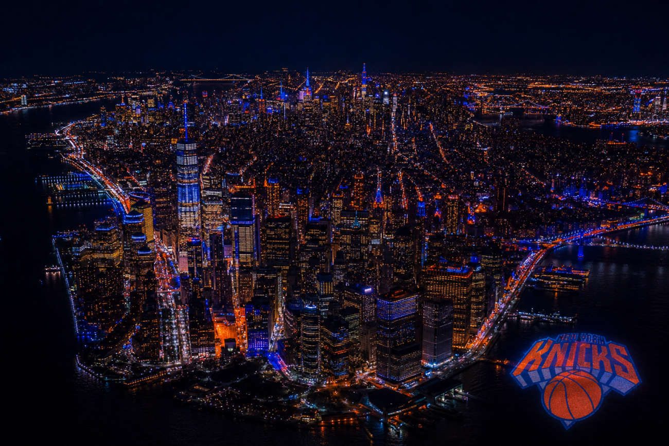 new york city skyline lit up in blue and orange for the new york knicks nba champions 