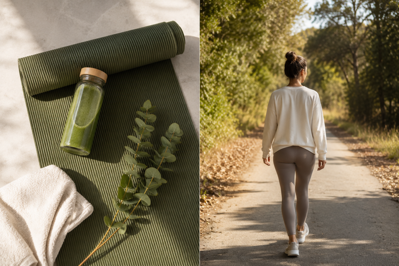  old wellness aesthetic vs. new wellness is not a luxury  - green juice pilates and out for a walk in nature