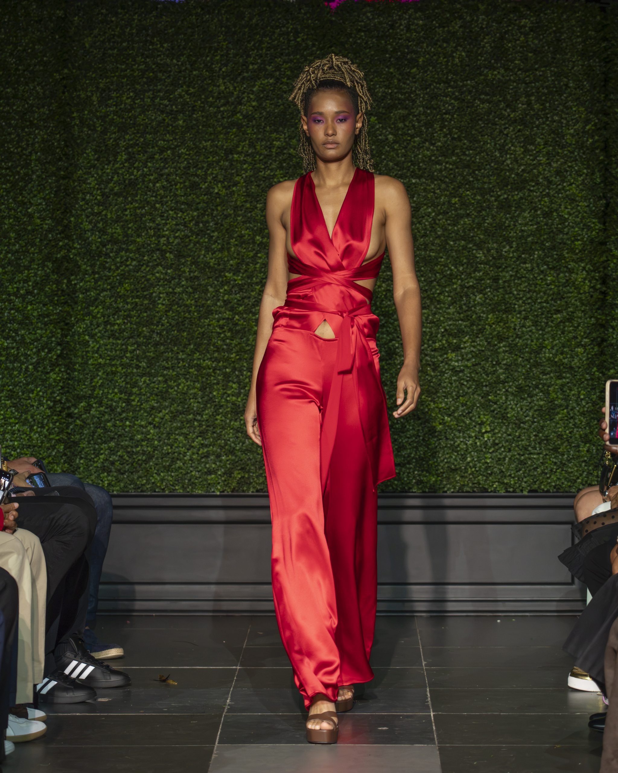 red satin dress Models walk at Frederick Anderson's NYFW SS27 Fashion Show at Nebula in New York, NY on September 15, 2026. (Photo by David Warren /Sipa​ USA)