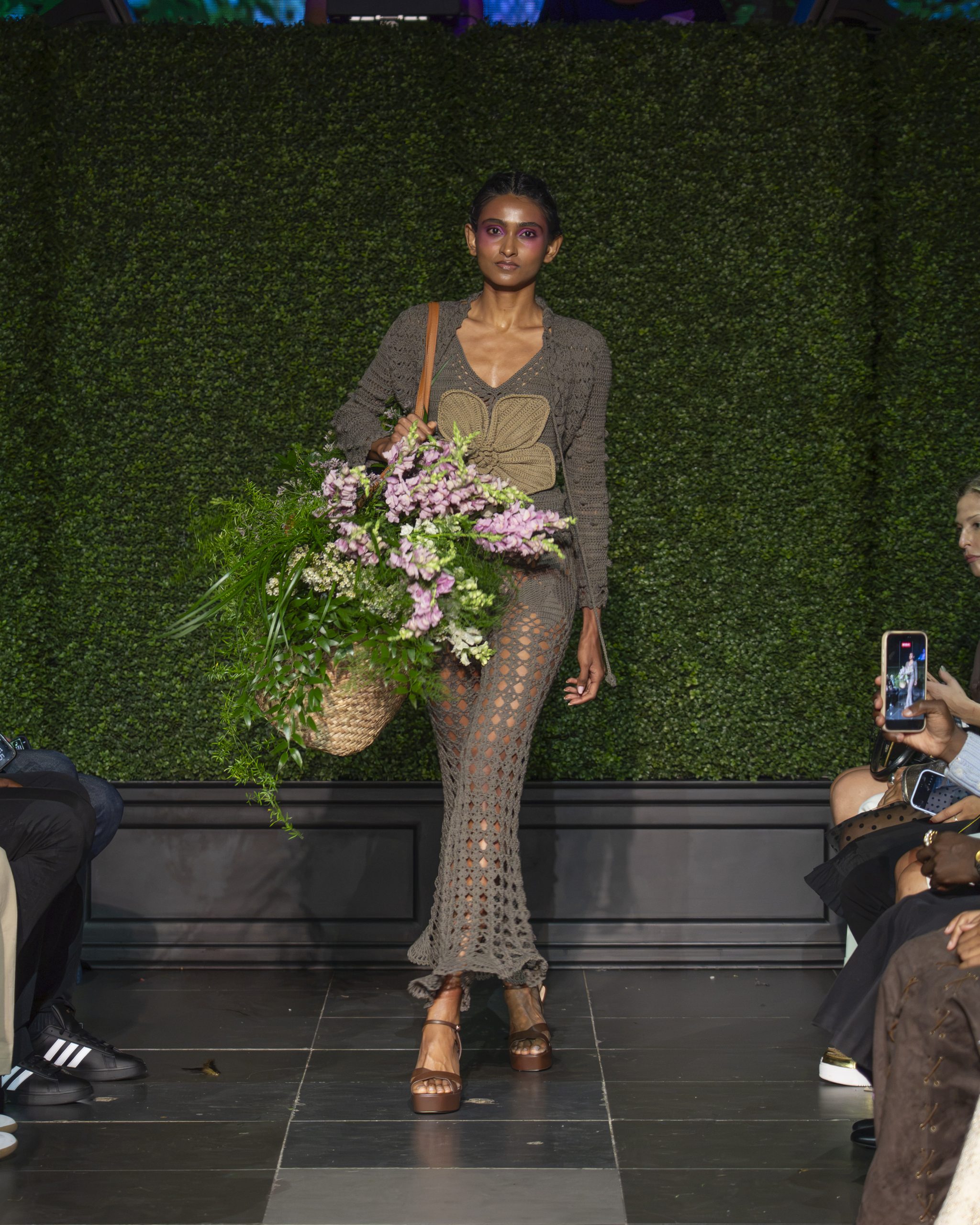 grey taupe crochet dress Models walk at Frederick Anderson's NYFW SS27 Fashion Show at Nebula in New York, NY on September 15, 2026. (Photo by David Warren /Sipa​ USA)