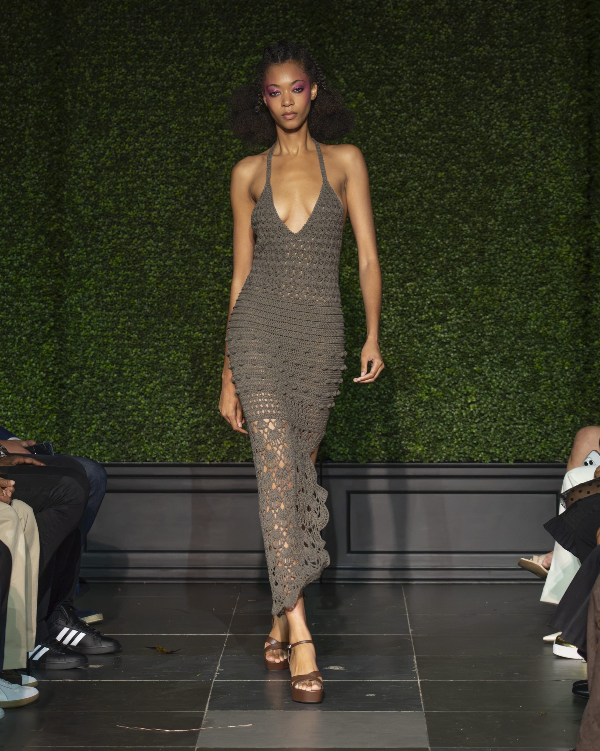 grey taupe crochet dress Models walk at Frederick Anderson's NYFW SS27 Fashion Show at Nebula in New York, NY on September 15, 2026. (Photo by David Warren /Sipa​ USA)