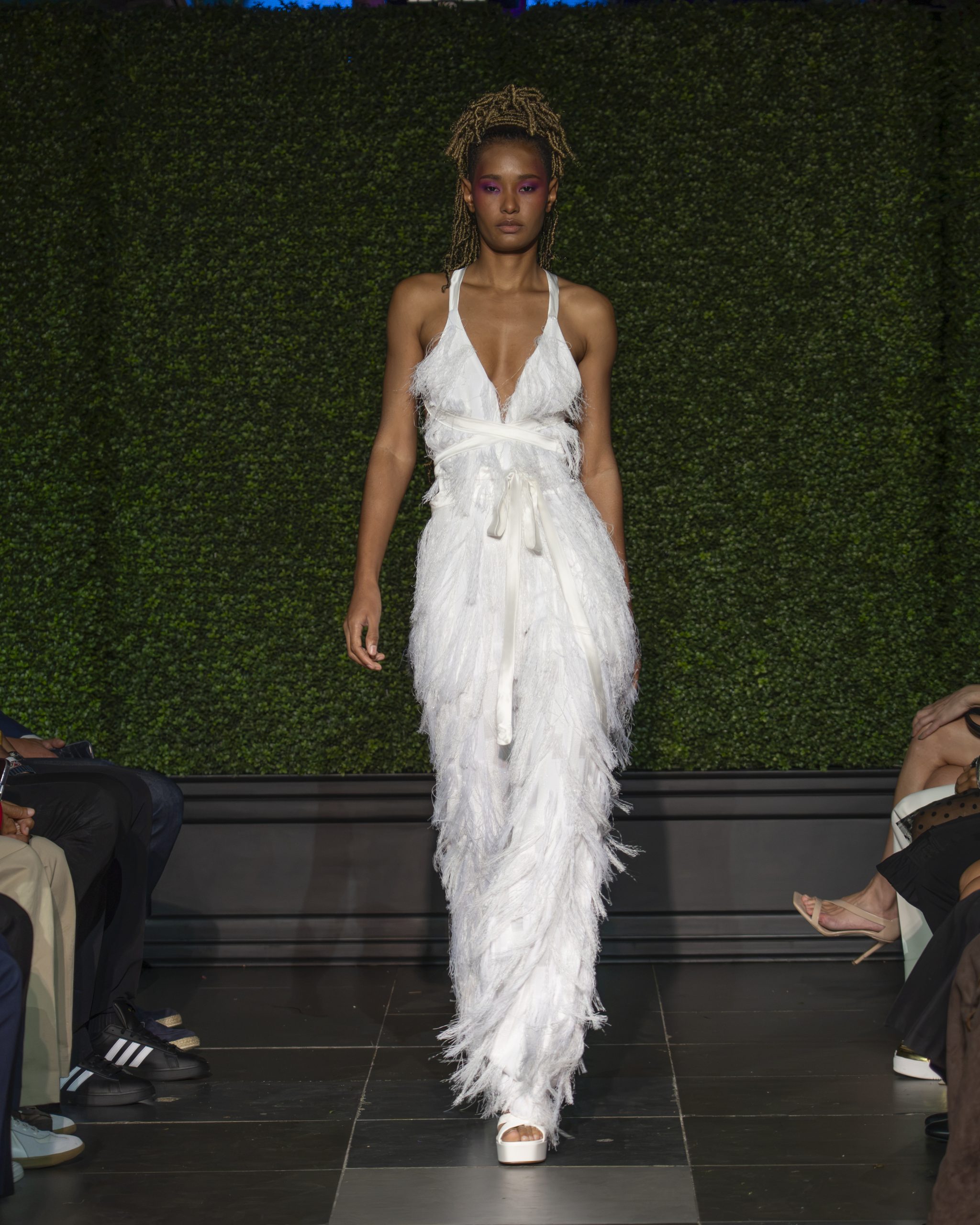 white fringe dress Models walk at Frederick Anderson's NYFW SS27 Fashion Show at Nebula in New York, NY on September 15, 2026. (Photo by David Warren /Sipa​ USA)