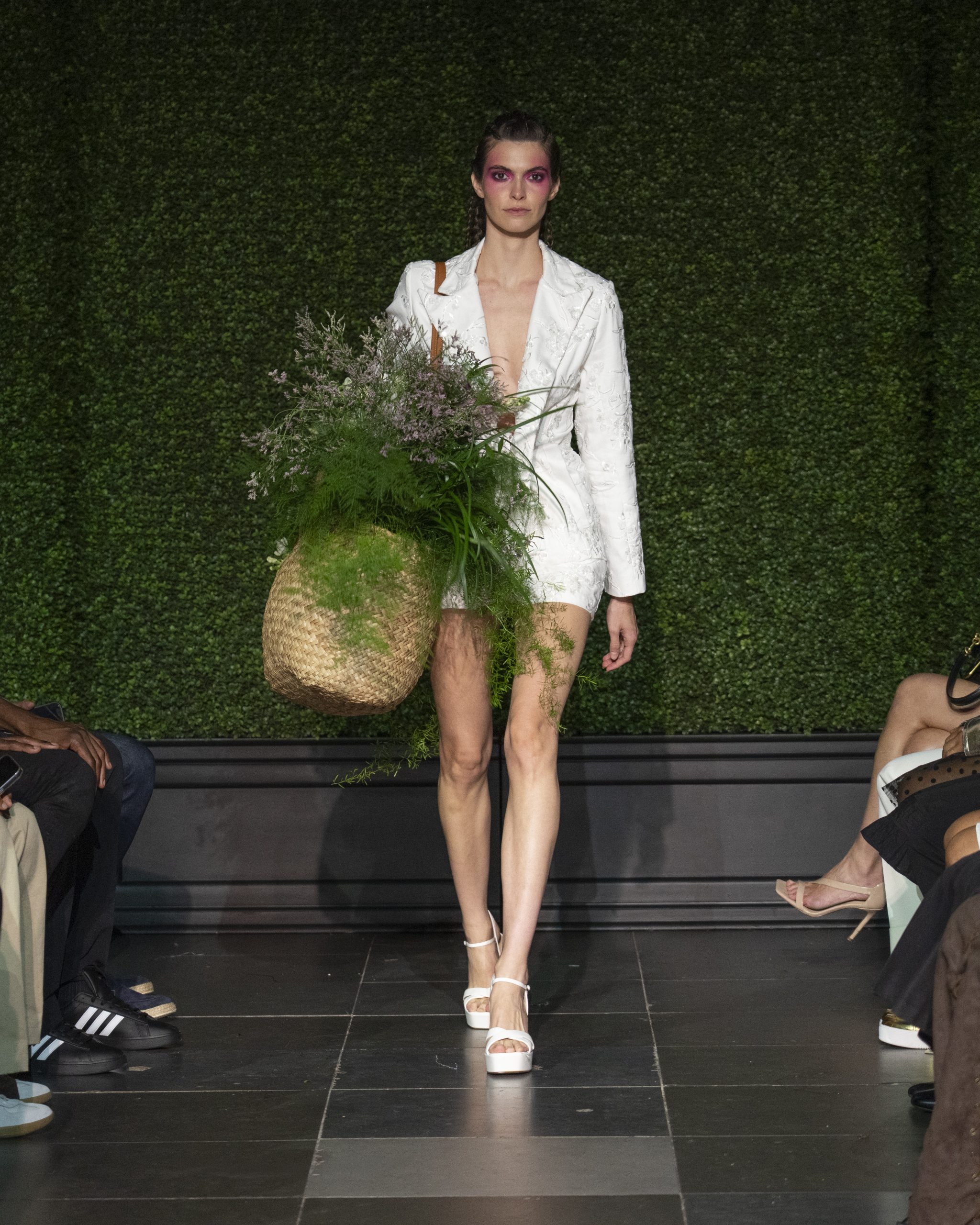 white two piece set suit blazer and jacket Models walk at Frederick Anderson's NYFW SS27 Fashion Show at Nebula in New York, NY on September 15, 2026. (Photo by David Warren /Sipa​ USA)