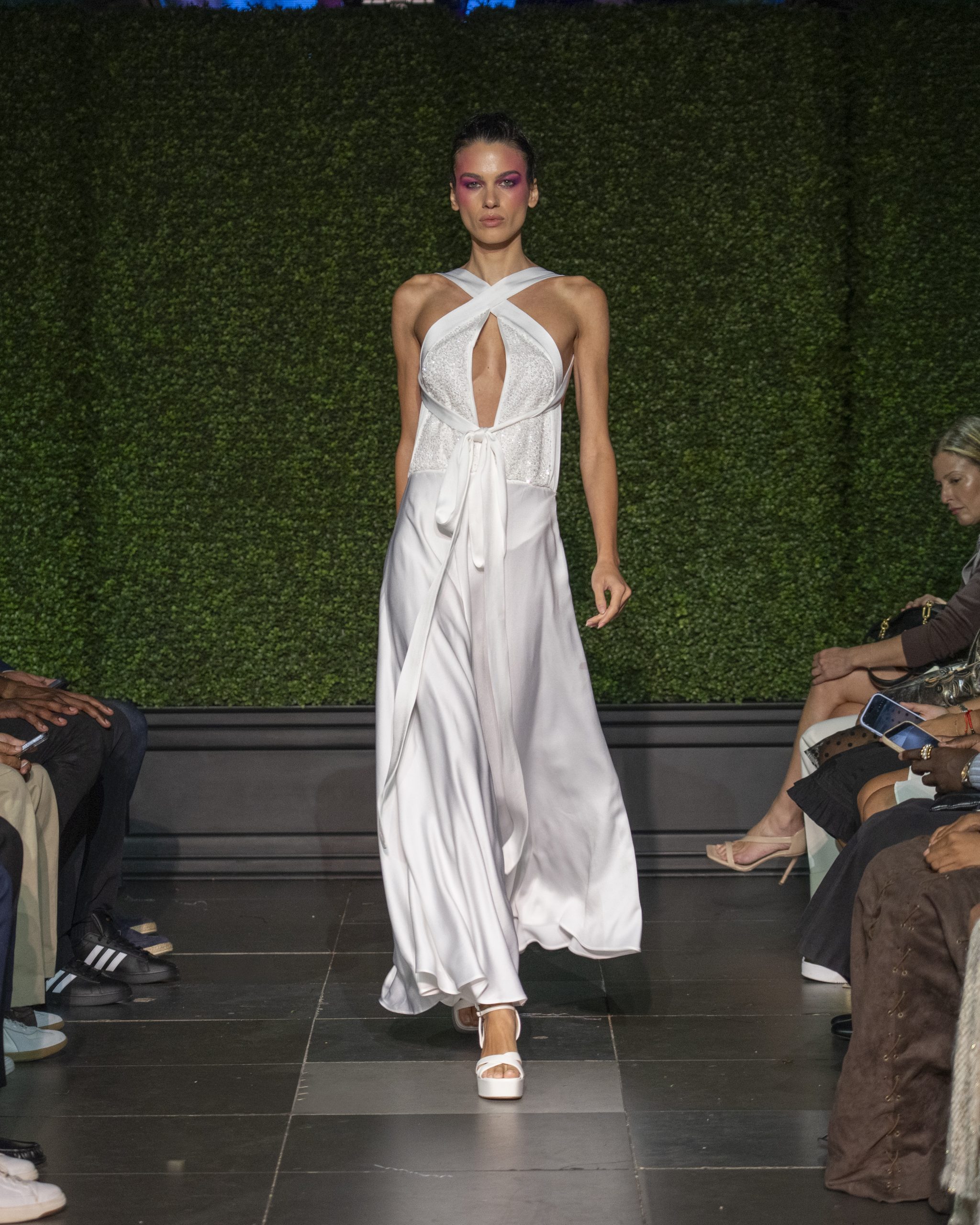 white satin dress Models walk at Frederick Anderson's NYFW SS27 Fashion Show at Nebula in New York, NY on September 15, 2026. (Photo by David Warren /Sipa​ USA)